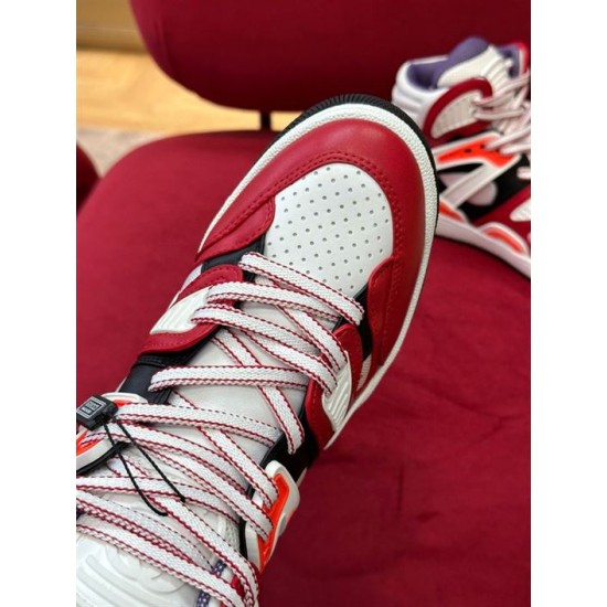 Gucci Basket High-Top Trainer Top View in red and white Top-down view of the perforated toe and patterned laces on Gucci Basket trainer in red and white