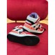 Gucci Basket High-Top Trainer Outsole View in red and white Underside view of the black rubber outsole featuring the bee emblem on Gucci Basket trainer in red and white