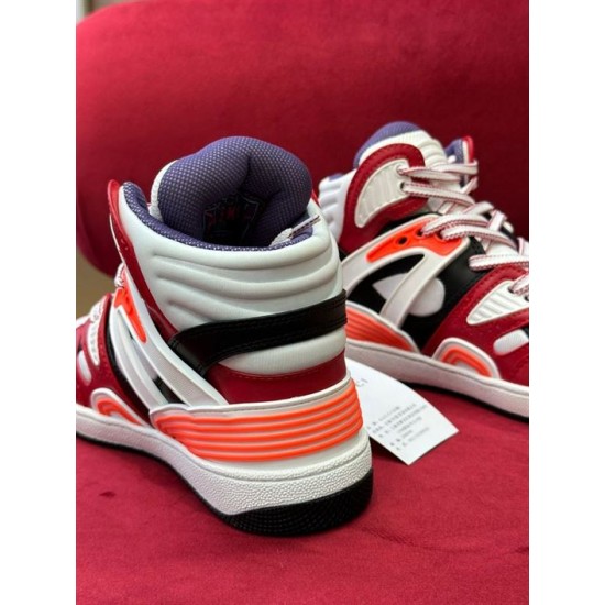 Gucci Basket High-Top Trainer Heel View in red and white Rear view showing the padded high-top collar and heel counter on Gucci Basket trainer in red and white
