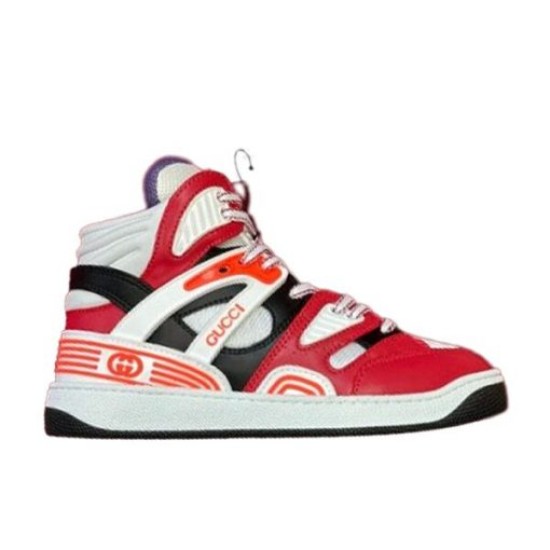 Gucci Basket High-Top Trainer Studio Profile in red and white Side profile of Gucci Basket high-top trainer in red and white against a plain background.