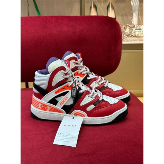 Gucci Basket High-Top Trainers Pair Display in red and white Pair of Gucci Basket high-top trainers in red and white leather on a display surface.