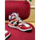 Gucci Basket High-Top Trainer Three-Quarter Angle in red and white Three-quarter view of the right Gucci Basket high-top trainer showing lace and cage overlays in red and white