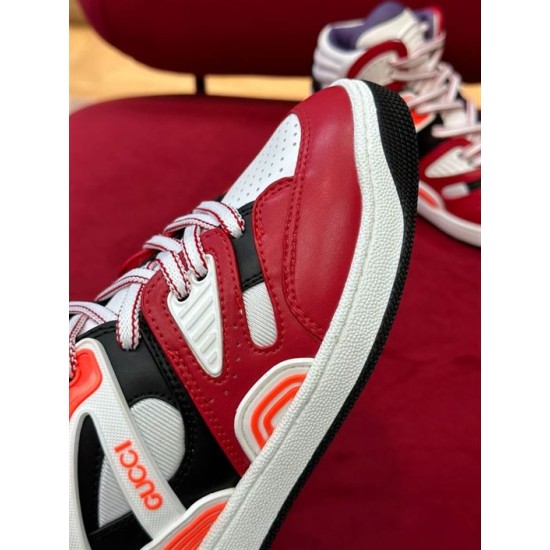 Gucci Basket High-Top Trainer Toe Detail in red and white Close-up detail of the red leather toe cap and white midsole on Gucci Basket trainer.