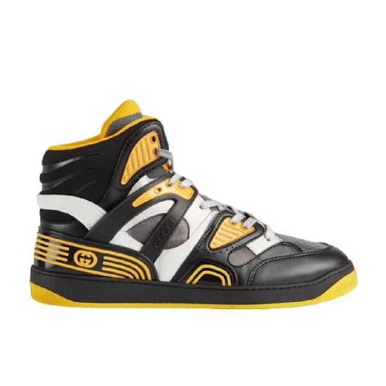 Gucci Basket High-Top Trainers in black and yellow shown from side profile view
