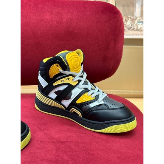 Front quarter angle of Gucci Basket High-Top Trainer in black and yellow