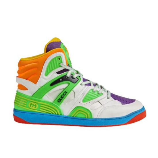 Profile view of Gucci Basket High-Top Leather Trainers Multicolour High Sneakers featuring white leather and green panel accents.