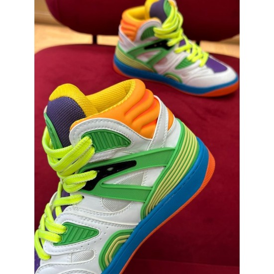 Close-up side view detailing the green cage and orange collar of Gucci Basket High-Top Leather Trainers in multicolour and white
