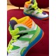 Close-up side view detailing the green cage and orange collar of Gucci Basket High-Top Leather Trainers in multicolour and white