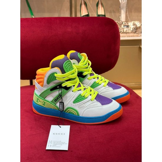 Pair of Gucci Basket High-Top Leather Trainers Multicolour High Sneakers shown at a three-quarter front angle in multicolour and white