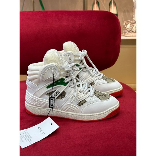 Gucci Basket High Top White Trainers Pair View in white and red Pair of Gucci Basket High Top White Trainers positioned on a red surface
