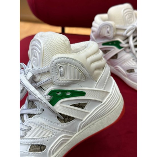 Gucci Basket High Top White Trainers Side Panel Detail in white and red Detailed close-up of green eyelet accent and side panelling on Gucci Basket High Top White Trainers in white and red