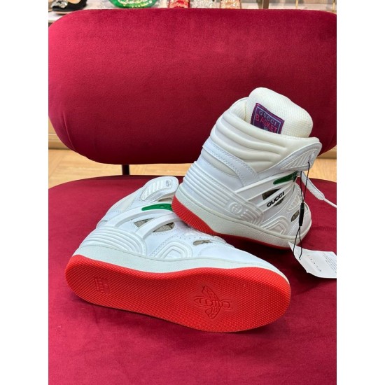 Gucci Basket High Top White Trainer Red Sole View Underside view of Gucci Basket High Top White Trainer showing the bright red rubber tread