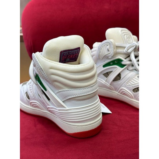 Gucci Basket High Top White Trainers Heel View in white and red Rear heel view of Gucci Basket High Top White Trainers featuring the Gucci Basket inner tongue label in white and red