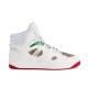 Gucci Basket High Top White Trainers Side Profile in white and red Side profile of Gucci Basket High Top White Trainers showing GG Supreme canvas inserts and red sole