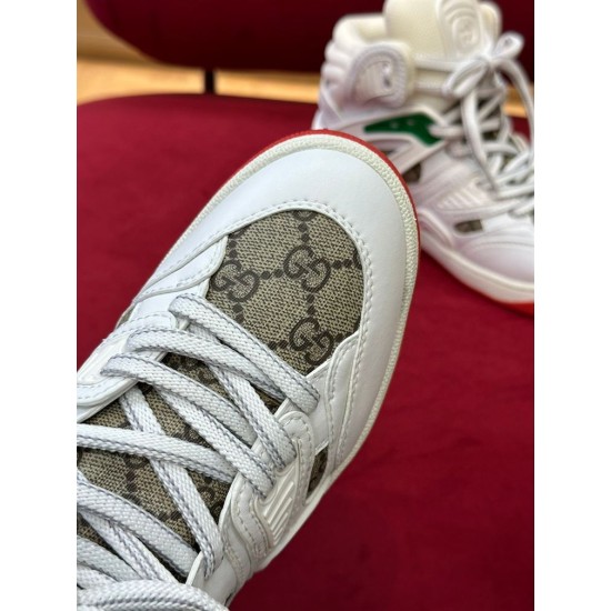Gucci Basket High Top White Trainers GG Supreme Vamp Detail in white and red Close-up of the GG Supreme canvas pattern on the vamp of Gucci Basket High Top White Trainers in white and red
