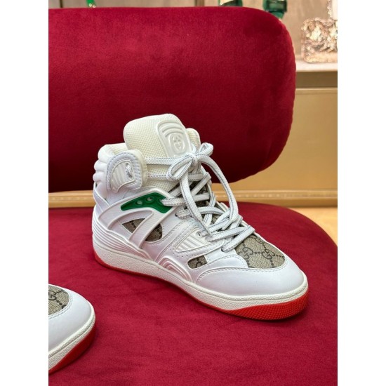 Gucci Basket High Top White Trainer Front Angle in white and red Front elevated view of Gucci Basket High Top White Trainer highlighting the lacing and tongue in white and red