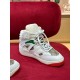 Gucci Basket High Top White Trainer Front Angle in white and red Front elevated view of Gucci Basket High Top White Trainer highlighting the lacing and tongue in white and red