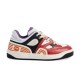 Side elevation of the Gucci Basket trainer with orange striped heel detailing in multicolour and red