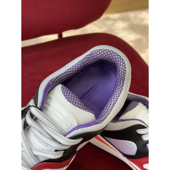 Close-up of the purple mesh padded collar and branded inner sole of the Gucci Basket trainer in multicolour and red