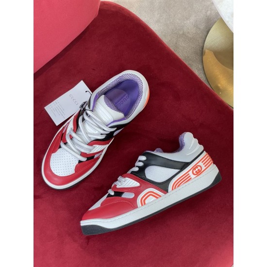Overhead angle displaying both Gucci Basket high-top trainers and branded tags in multicolour and red