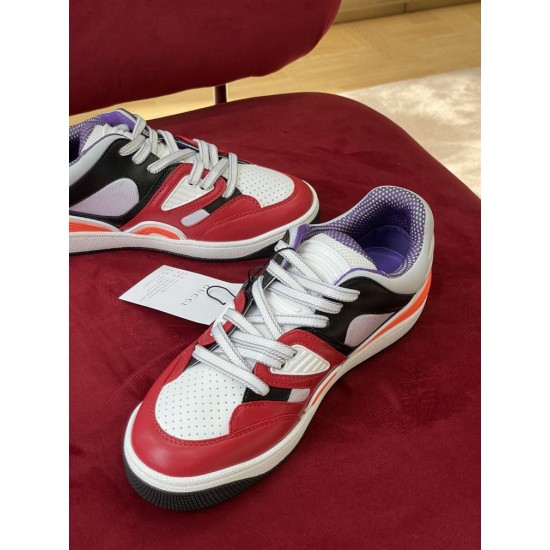 Top-down view of Gucci Basket trainers showing the white and red upper panelling in multicolour and red