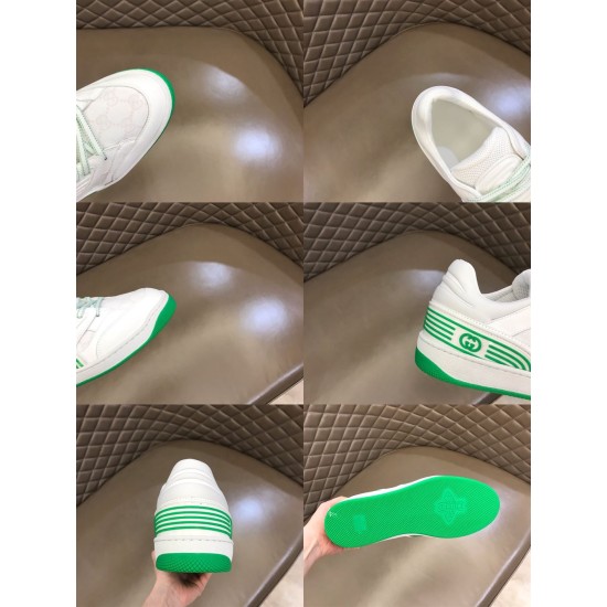 Gucci Basket Trainer Details Grid in white and green Composite collage showing heel, sole, and vamp details of Gucci Basket trainer in white and green