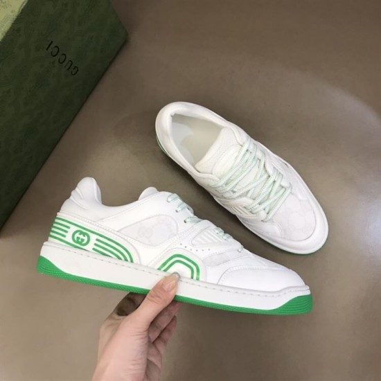 Gucci Basket Trainers Top-Down Angle in white and green Pair of Gucci Basket white and green trainers shown from above