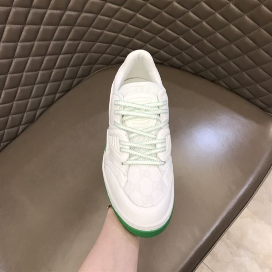 Gucci Basket Trainer Front View in white and green Front upper view of Gucci Basket white trainer showing laces in white and green