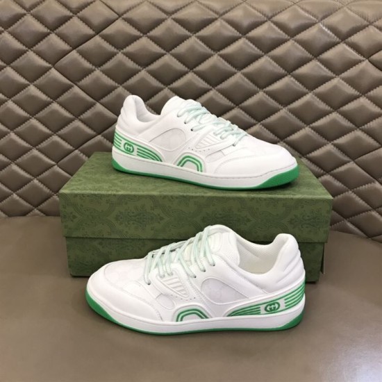 Gucci Basket Trainers Pair Display in white and green Pair of Gucci Basket white and green low-top trainers displayed with box