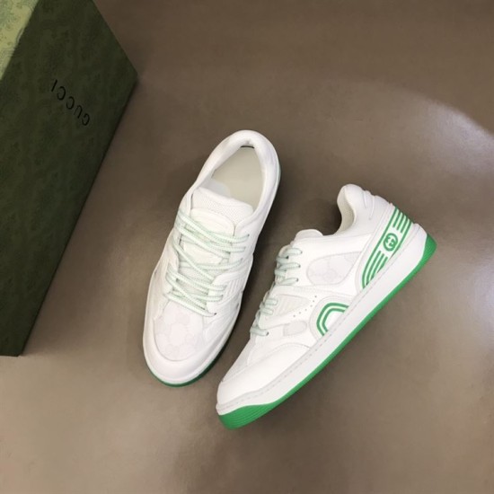 Gucci Basket Trainers Angled Top View in white and green Angled top view showing front and side of Gucci Basket trainers in white and green