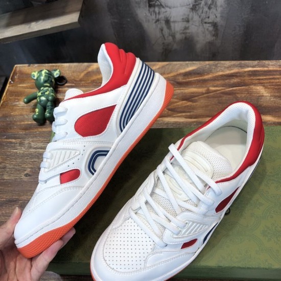 Gucci Basket Low Top Trainers Pair View in white and red Side and top angle of Gucci Basket Leather Low Top Trainers in white and red displayed together