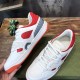 Gucci Basket Low Top Trainers Pair View in white and red Side and top angle of Gucci Basket Leather Low Top Trainers in white and red displayed together