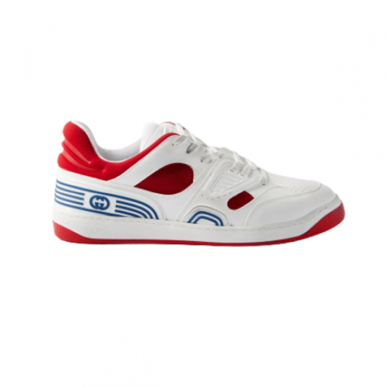 Gucci Basket Low Top Trainers Studio Profile in white and red Isolated profile shot of Gucci Basket Leather Low Top Trainers in white and red