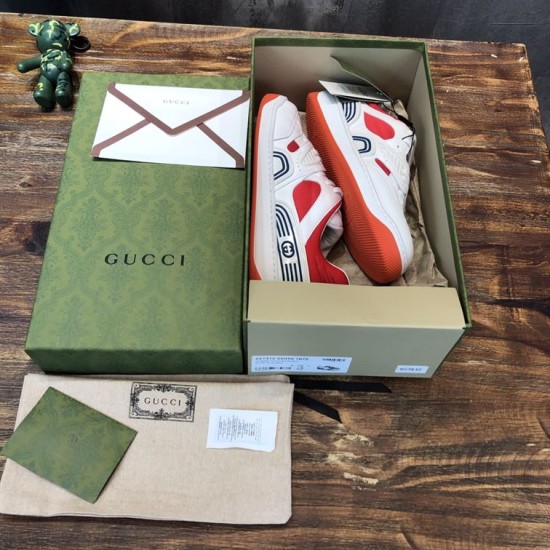 Gucci Basket Low Top Trainers Unboxing View in white and red Gucci Basket Leather Low Top Trainers in white and red placed inside open designer shoe box