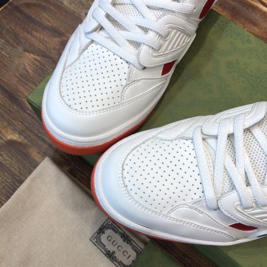 Gucci Basket Low Top Trainers Toe Cap Detail in white and red Close-up of perforated leather toe vamp on Gucci Basket Leather Low Top Trainers in white and red