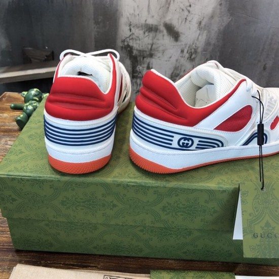 Gucci Basket Low Top Trainers Heel View in white and red Rear angle of Gucci Basket Leather Low Top Trainers in white and red showing blue striped branding