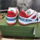 Gucci Basket Low Top Trainers Heel View in white and red Rear angle of Gucci Basket Leather Low Top Trainers in white and red showing blue striped branding