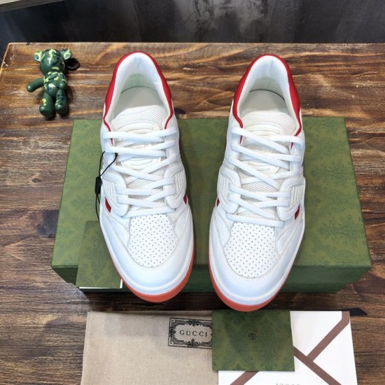 Gucci Basket Low Top Trainers Top View in white and red Top-down view of Gucci Basket Leather Low Top Trainers in white and red displaying laces and vamp