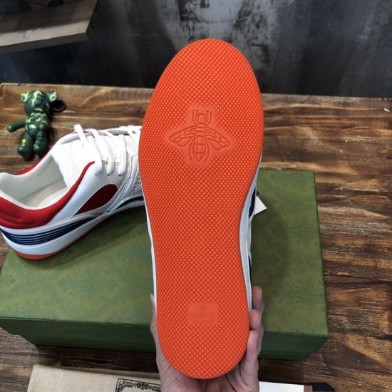 Gucci Basket Low Top Trainers Sole View in white and red Underside tread of Gucci Basket Leather Low Top Trainers in white and red showing embossed bee logo