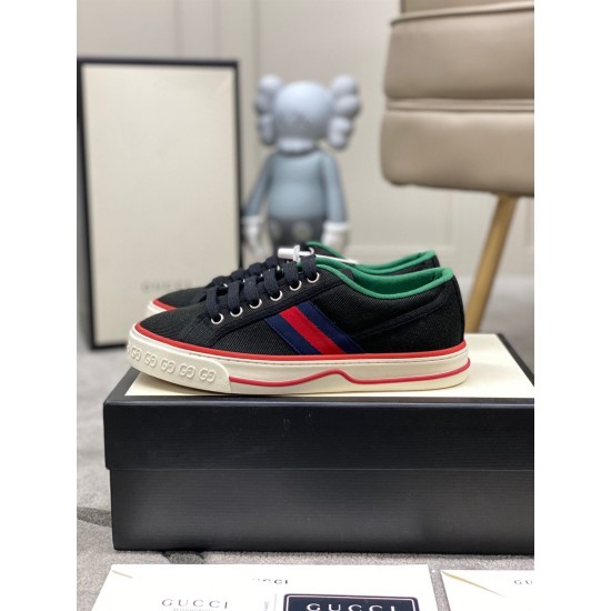 Gucci Black Canvas Webbing Low Top Trainers Side View Gucci Black Canvas Webbing Low Top Trainers resting on shoe box