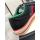 Gucci Black Canvas Webbing Low Top Trainer Heel Detail Close-up of Gucci Black Canvas Webbing Low Top Trainer heel seam and red trim