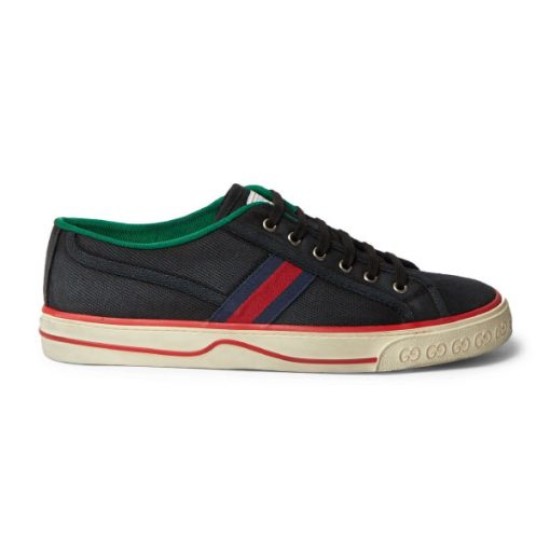Gucci Black Canvas Webbing Low Top Trainer Profile Profile view of Gucci Black Canvas Webbing Low Top Trainer on white background