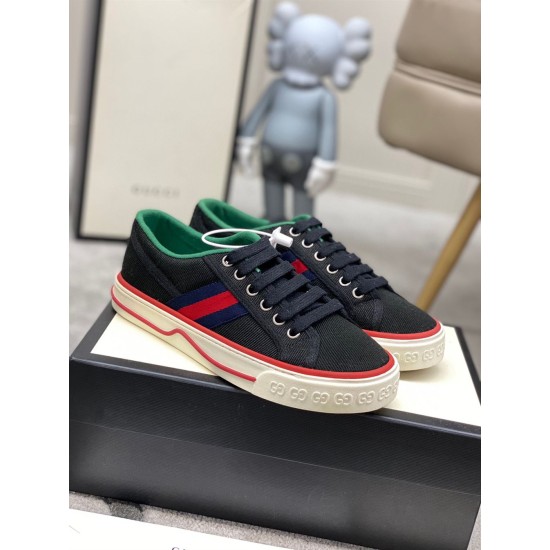 Gucci Black Canvas Webbing Low Top Trainers Front Perspective Three-quarter front angle of Gucci Black Canvas Webbing Low Top Trainers