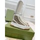 Gucci High Top Platform Beige Canvas Trainer Angle View in beige and white Side angle view of beige Gucci GG high top canvas trainer resting on green shoebox in beige and white