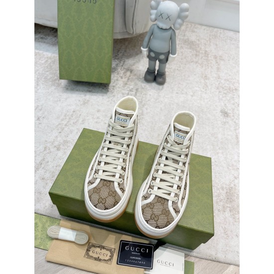 Gucci GG High Top Beige Canvas Trainer Top View in beige and white Top-down view of Gucci GG High Top Platform Beige Canvas Trainers showing off-white laces
