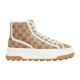Gucci GG High Top Beige Canvas Trainer Side View in beige and white Side profile of Gucci GG High Top Platform Beige Canvas Trainers featuring white midsole and gum sole