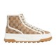 Gucci GG High Top Beige Canvas Trainer Profile in beige and white Full lateral profile of Gucci GG High Top Platform Beige Canvas Trainer against plain background in beige and white