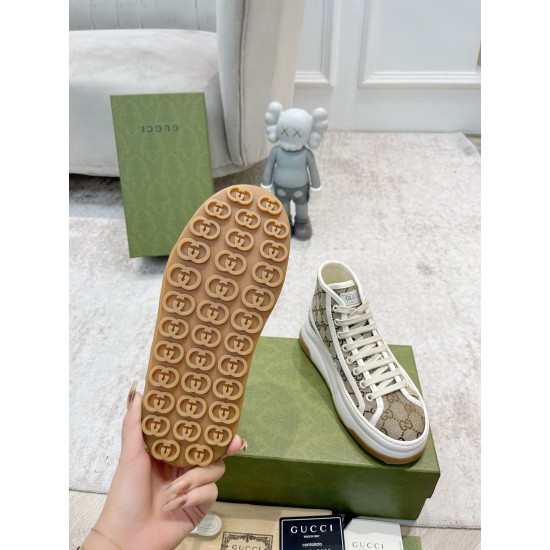Gucci High Top Beige Canvas Trainer Sole View in beige and white Underside view showing brown gum tread pattern on Gucci GG High Top Platform Beige Canvas Trainer in beige and white
