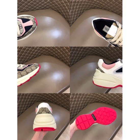 Gucci Rhyton Trainer Details Grid View in beige and pink Grid collage showing close-up details and pink sole of Gucci Rhyton trainer in beige and pink
