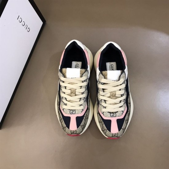 Gucci Rhyton Trainers Top View in beige and pink Top-down view of Gucci Rhyton GG canvas chunky trainers with cream laces in beige and pink